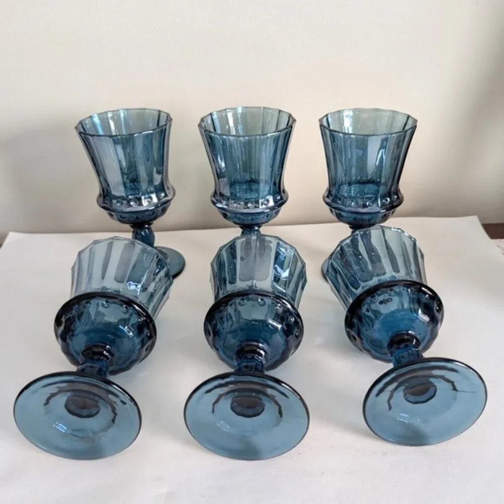 Set of‎ Six Mid Century Smoky Blue Water/Wine Goblets